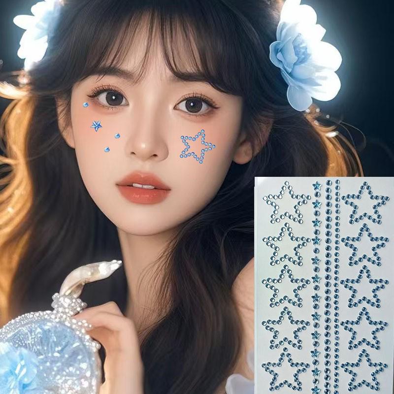 Concert Face Stickers: Five-Pointed Star, Blue Heart, Bowknot, Glue-Free Rhinestones for Makeup
