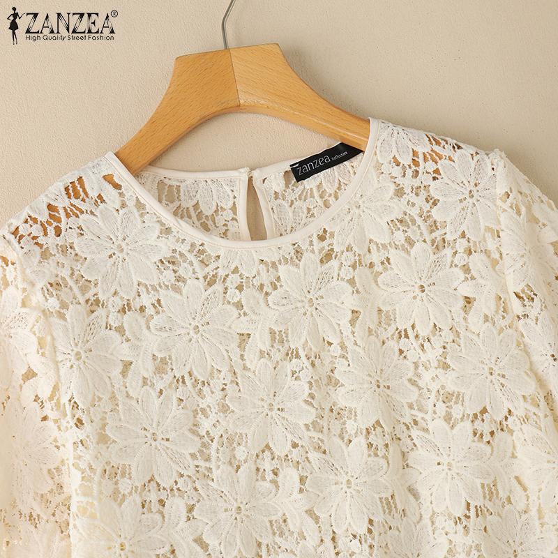 ZANZEA Women Casual Round Neck Hollow Out Lace Short Sleeve Blouse