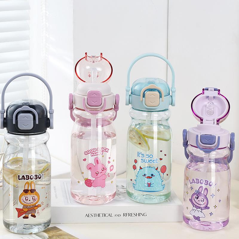 Water bottle cartoon children's plastic water cup cute straw cup student kettle portable outer belt drop resistant drinking water double drinking