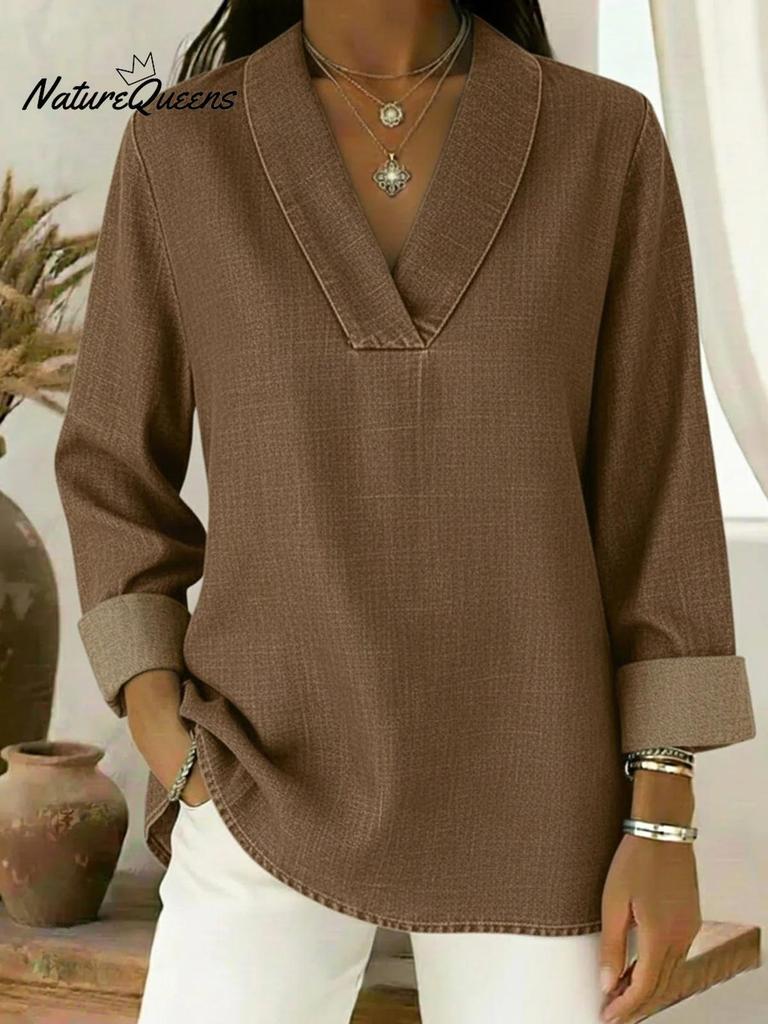 2026 Casual Loose Nine-Sleeve Retro Polo Collar Imitation Denim Shirt