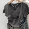 Vintage Letter Print Notched V Neck Short Sleeve Tee Double Side Drawstring Ruched Slim Fit Y2K Summer Top