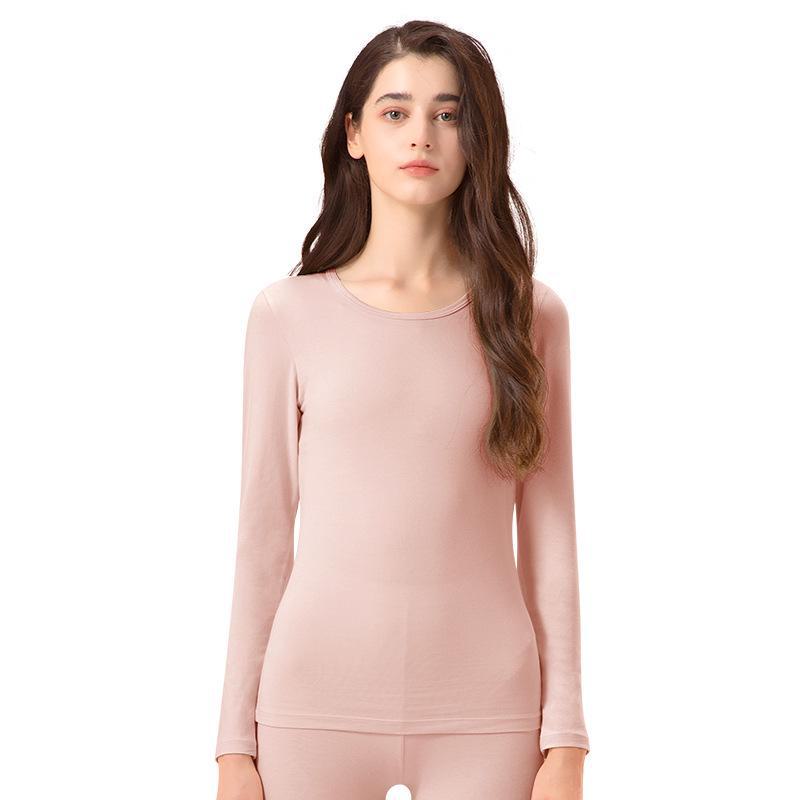Women's Seamless Thermal Underwear Set - Antibacterial, High Elastic, Plus Velvet, Thin, Long Sleeve, Round Neck, Cotton Blend, Autumn.