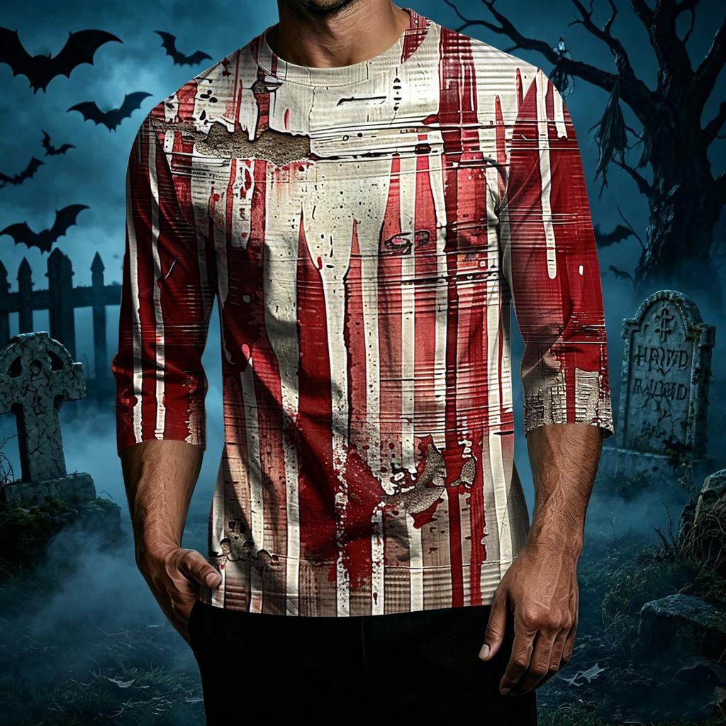 Men Casual Halloween Print Crew Neck T Shirt Three Quarter Sleeve Top Lightweight Comfortable Fit