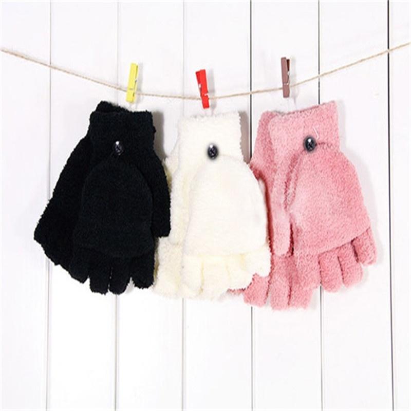 Girls Coral Velvet Flip Cover Half Finger Winter Hand Warmer Mittens Clamshell Gloves Flip Half