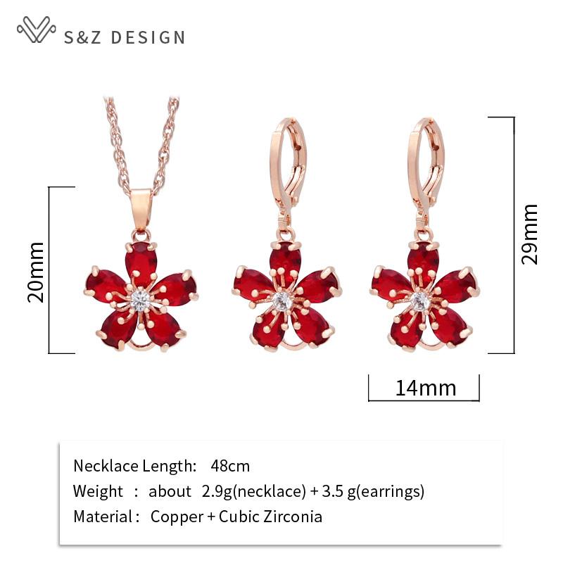 Fashion Cute Red Flowers Cubic Zirconia Drop Earrings Jewelry Sets For Women Party Rose Gold Color Pendant Necklace