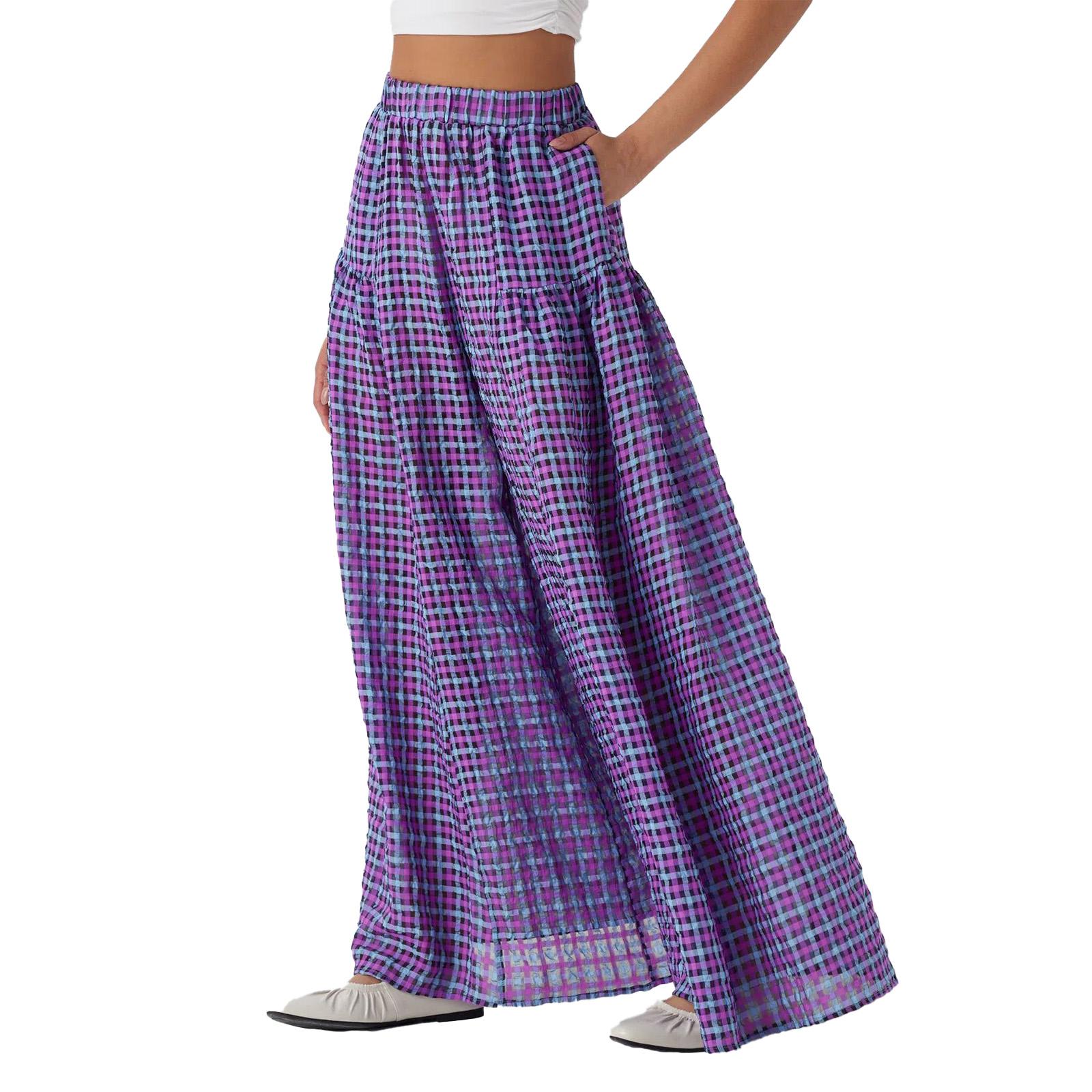 

Women s Plaid Loose-fitting Casual Pants, Elastic Waistband, With Pockets XL