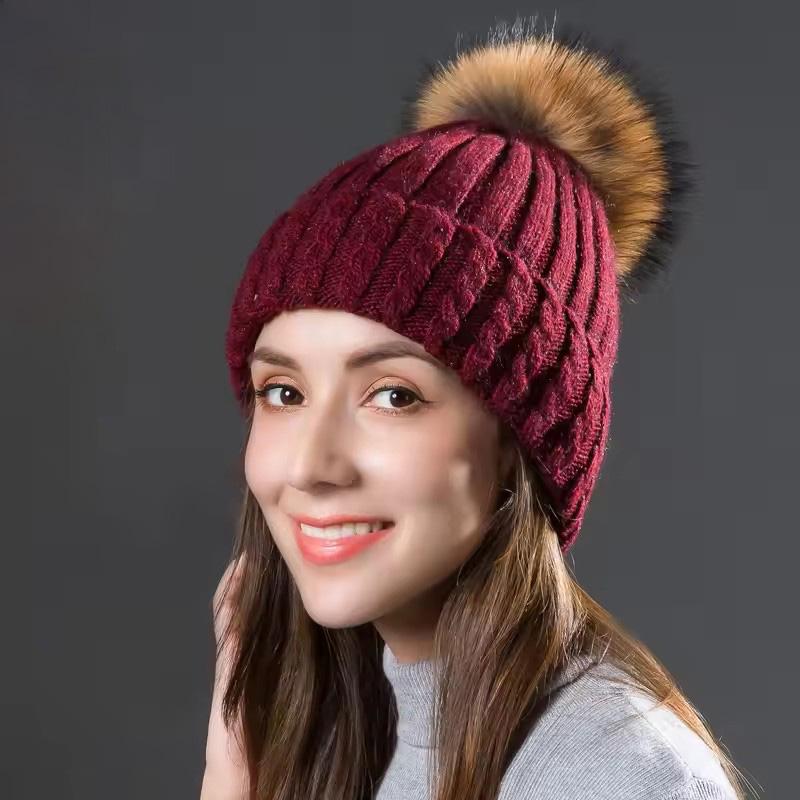 Classic Multiple Styles Women Beanie Winter Warm Fashion Raccoon Fur Pompom Hats Knitted Wool Cap Clearance Cheap High Quality