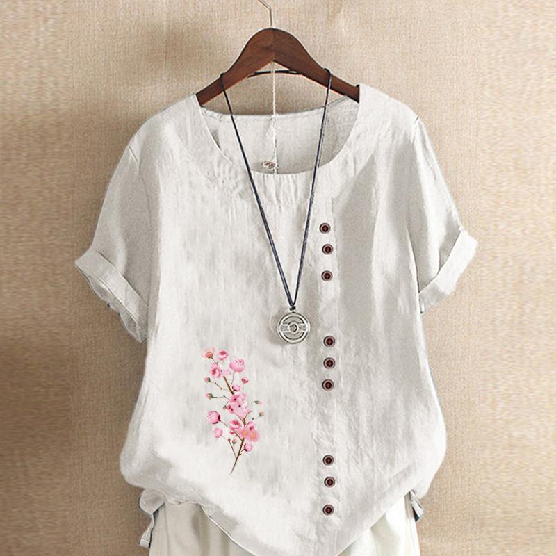 Women's FashionPink Flowers Prined Round Neck Short Sleeve T-shirt Casual Cotton Linen Graphic Shirt Leisure Loose Summer Blouse Tops Plus Size