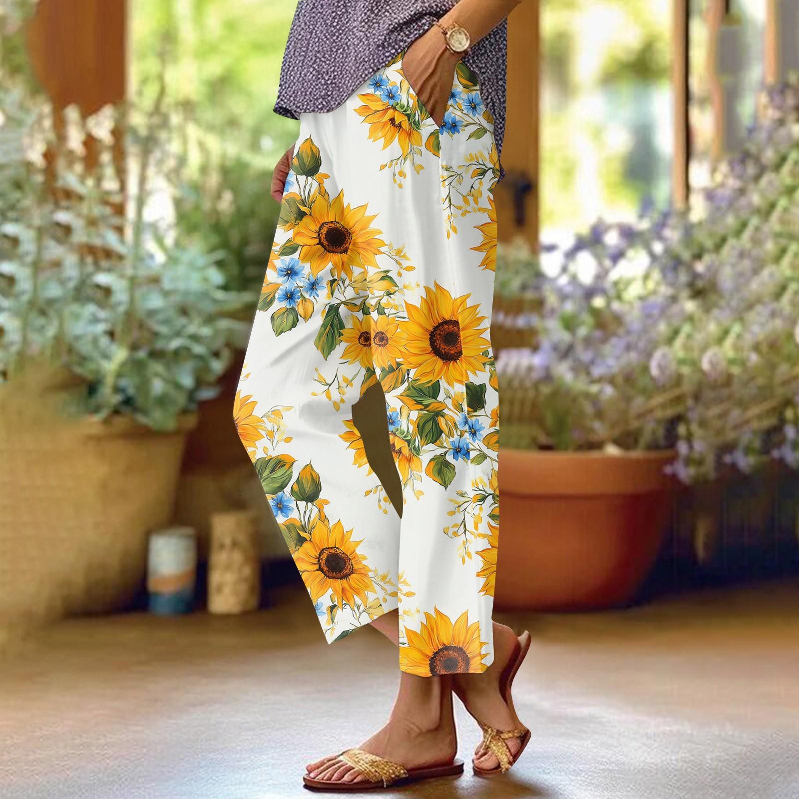 

Женские модные повседневные брюки с цветочным принтом, прямые брюки с карманами и эластичной талией XL жёлтый