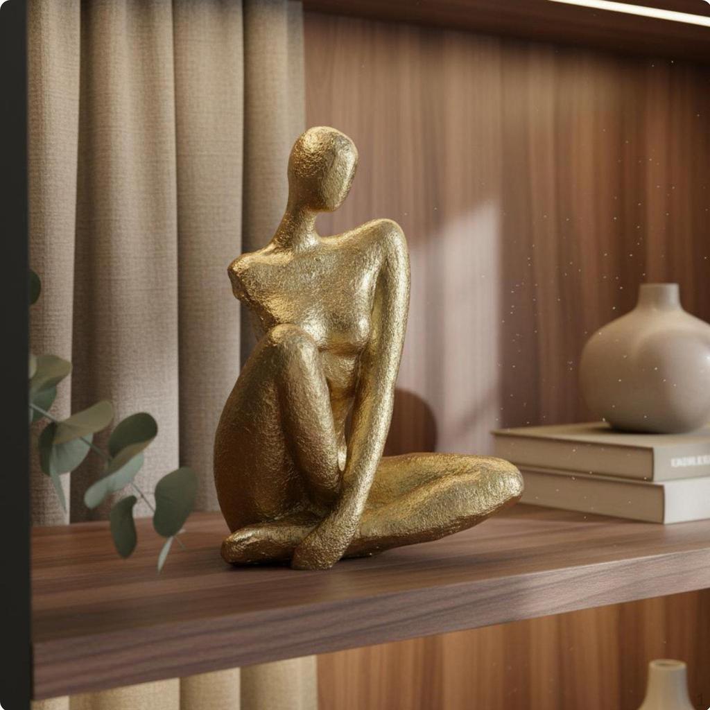 Golden Sitting Lady Figurine Elegant Accents Piece Abstract Woman Statue Handcrafted Look Modern Art