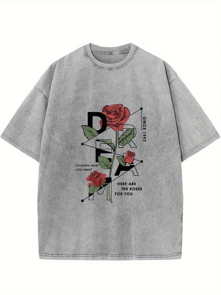 Washed, Retro Rose Printed T-Shirt, High-Quality Printed Cotton Retro Fashion T-Shirt, Suitable for Summer T-Shirt with Certain Thickness,Holiday Gift