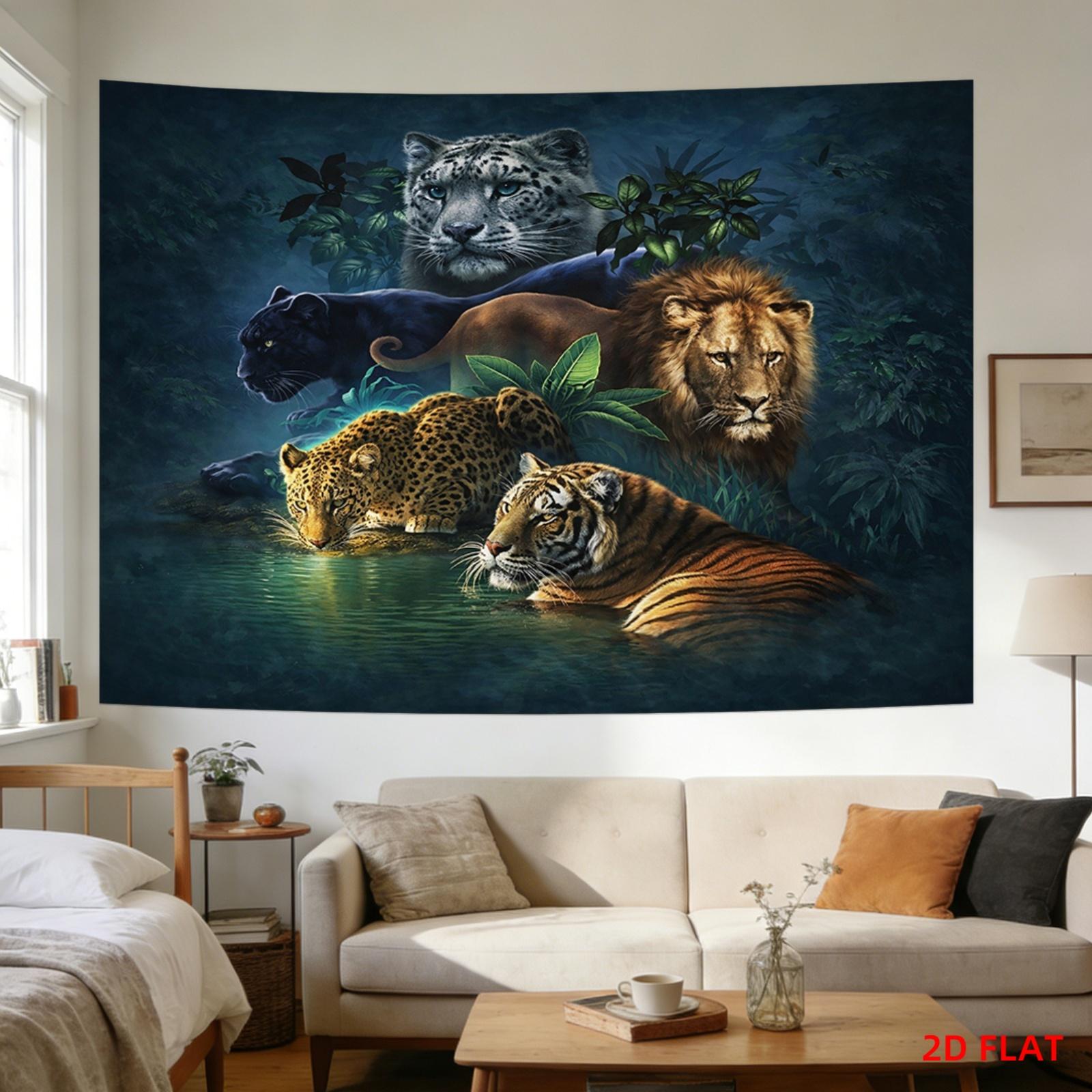 Jungle Big Cats Tapestry Lion Tiger Leopard Panther Snow Leopard Wall Hanging Wild Animal Room Decor 180x350cm 74x94cm(29x37in)