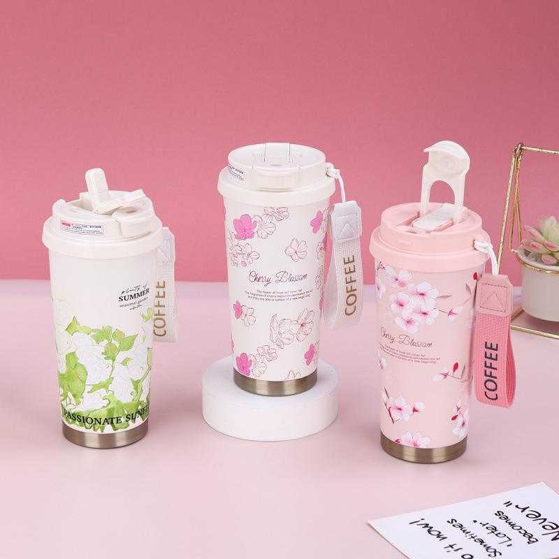 Lily of the Valley 316 Stainless Steel Insulated Coffee Cup with Double-Layer Straw