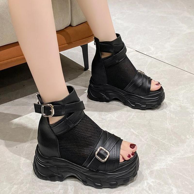 

Женские сандалии, женские модные черные сандалии из дышащей сетки, туфли на каблуке 6 см, сандалии на платформе с пряжкой, женские сандалии на молнии 39 чёрный