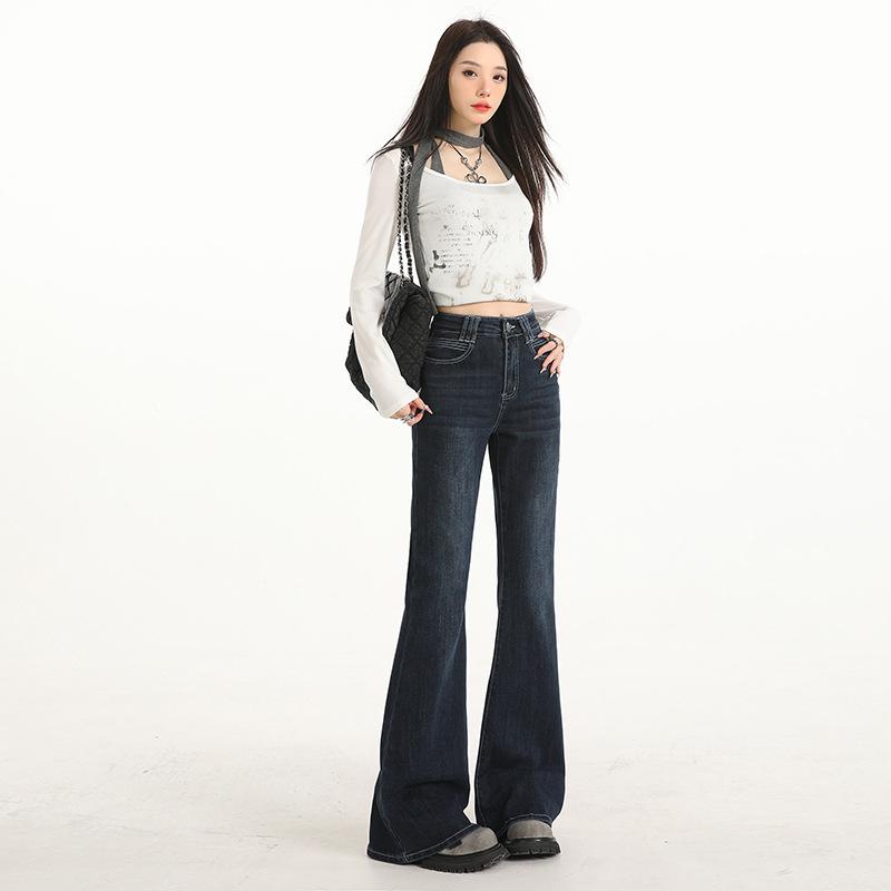 Dark Blue High-waisted and Slightly Pulled Jeans for Women's Spring and Autumn New American Style Without Sticking Legs Elastic Spice Girl Straight