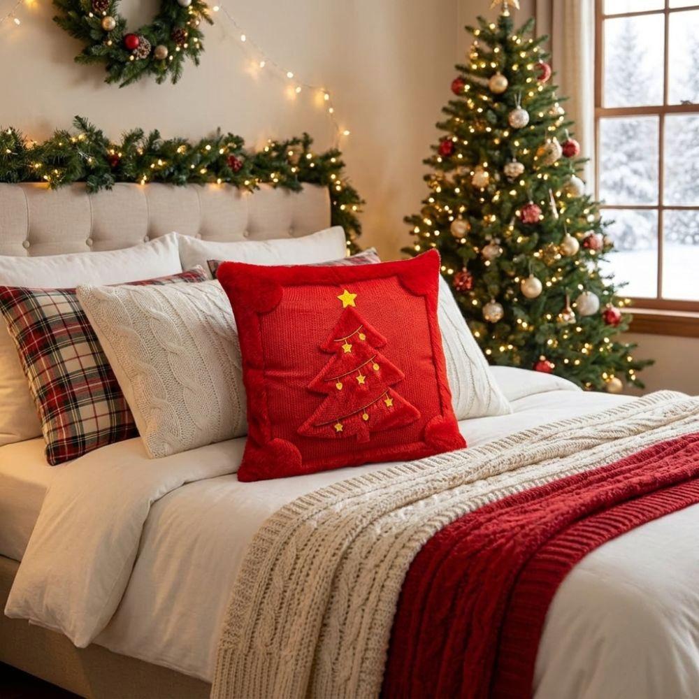 Holiday Pillowcase 3D Embroidered Christmas Pillow Cover Plush Knitted Xmas Tree Pillowslip Square Soft Santa Pillow Cover Couch
