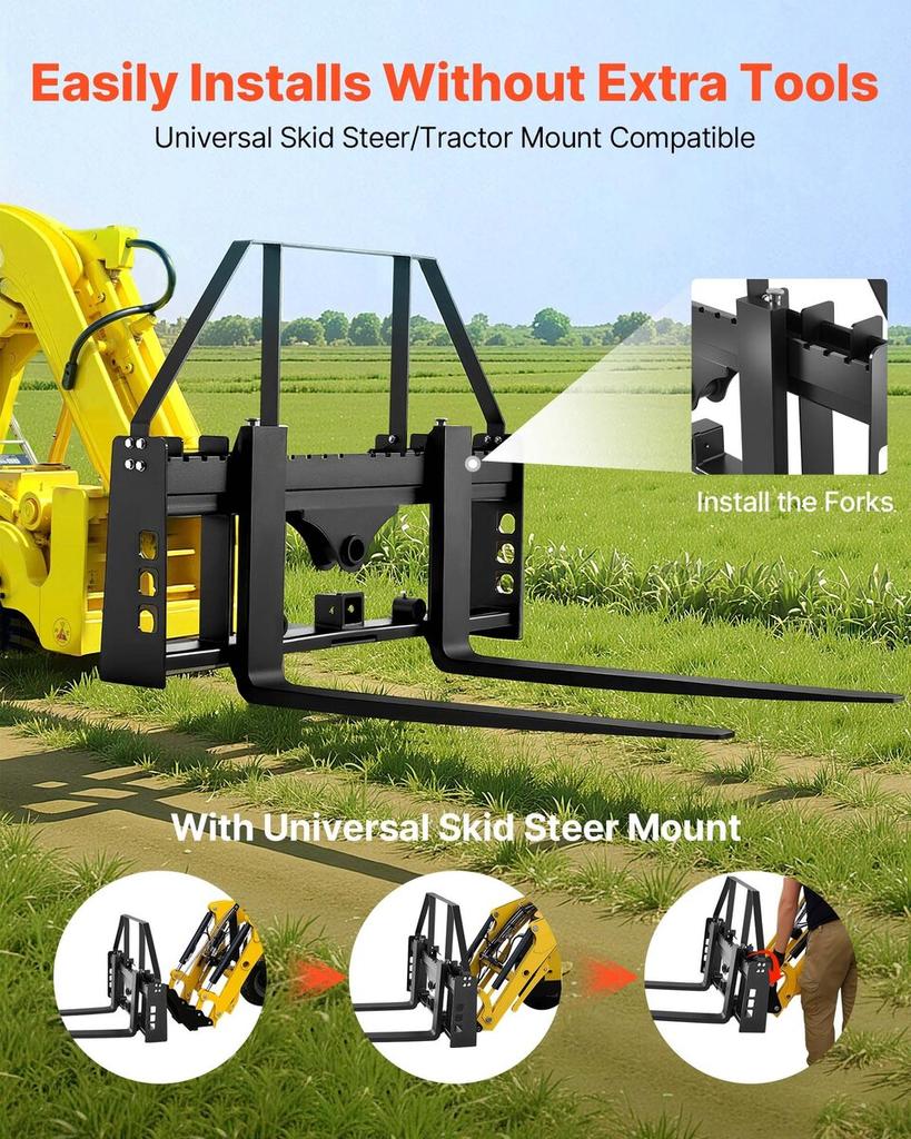 Skid Steer Pallet Forks, 1814 Kg Rated Capacity, Pallet Fork Frame Attachment with 122 Cm Pallet Forks Forklift Blades, 50.8 Mm Hitch Receiver & Spear