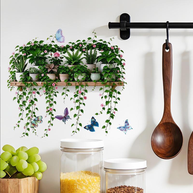 Potted Plant Flowers Leaves And Butterfly Wall Sticker Self-Adhesive Cartoon Stickers Removable Kitchen Living Room Home Decor