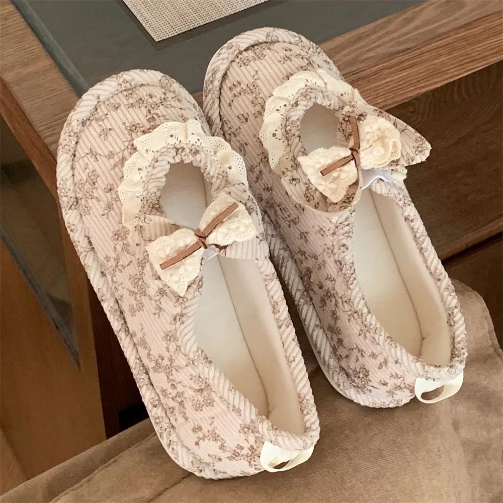 Retro Lace Bow Cotton Slippers Female Fashion Summer Thin Models Home Comfort Girls Package with Cotton Shoes