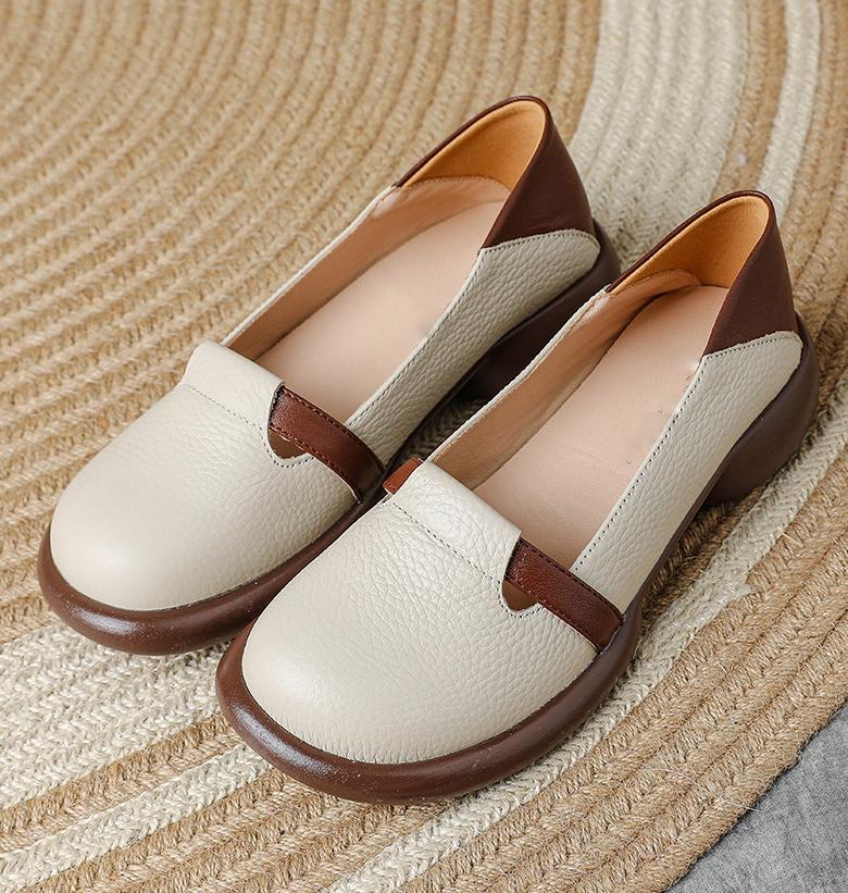 Genuine Leather Women's Shoes Low Heeled Retro Cowhide Single Shoes Women Shallow Mouth Loafers Ladies Casual Comfortable Shoes