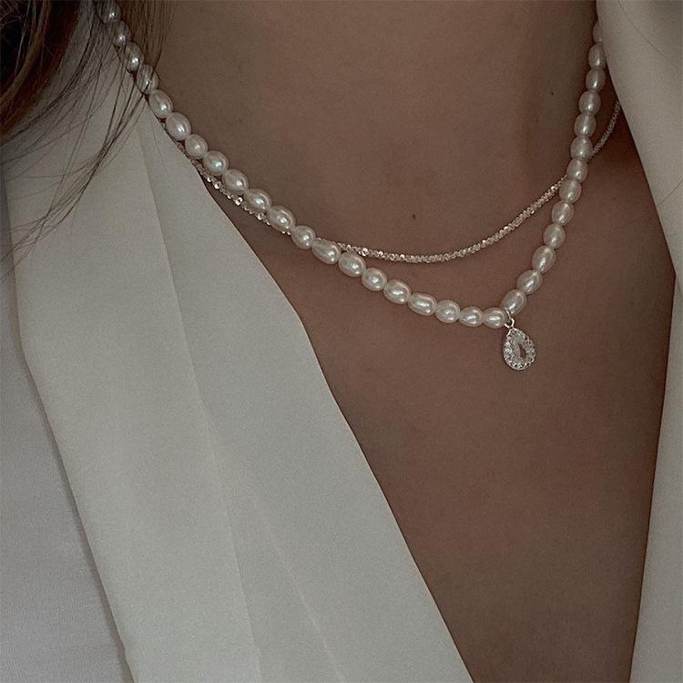 Korean Versatile Neck Chain Collarbone Chain French Retro Water Drop Zircon Freshwater Pearl Necklace