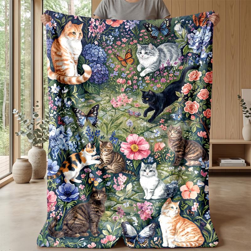 Floral Cats Artwork Theme blanket Lightweight Warm Flannel Blanket Decorative Throw Blanket for Home Decoration