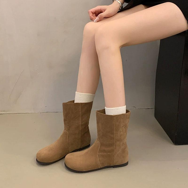 2026 New Fashion Autumn Women Mid-Calf Boots High Quality Cow Suede Leather Slip-On Flat Heel Casual Boots Ladies Handmade Retro