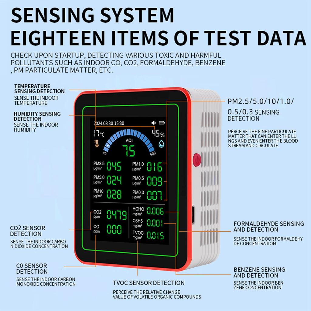 Air Quality Meter 18 in 1 Highly Sensitive Sensor Air Quality Tester Type C Charging Easy To Read with Data Storage for Home