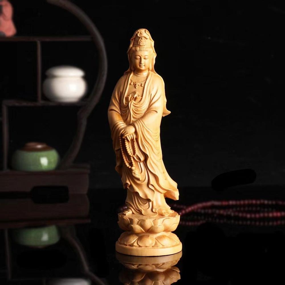 12cm Holzschnitzerei Guanyin Figur Avalokitesvara Kleine Buddhistische Buddha Statue Ästhetische Zimmer Schreibtisch Dekoration Ornamente Heimdekor
