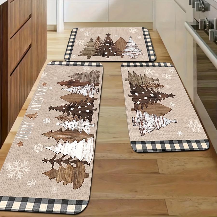 Christmas Linen Texture Wooden Xmas Tree Snowflake Kitchen Rug Set Non Slip Washable Floor Mat Indoor Holiday Decor