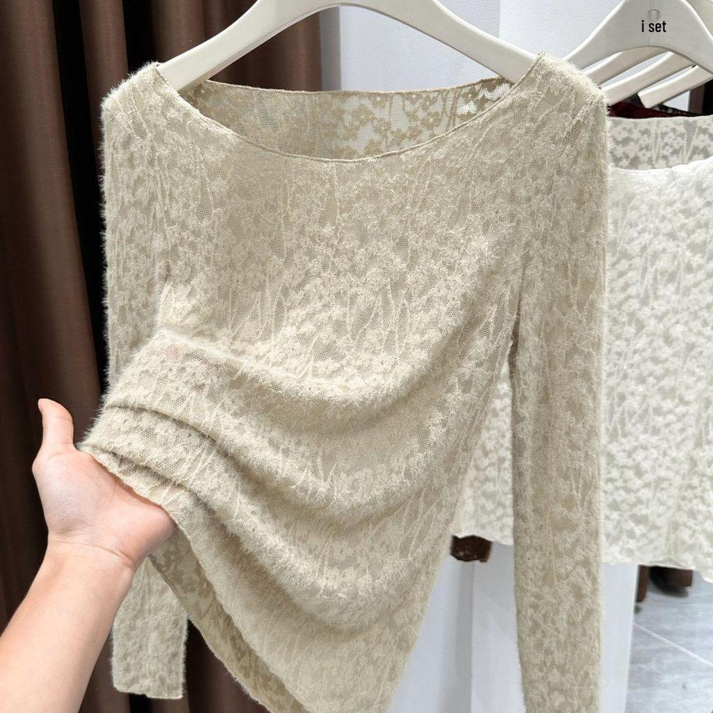 Women's Sexy Lace Hollow-Out Long-Sleeve Slim-Fit Top for Autumn/Winter