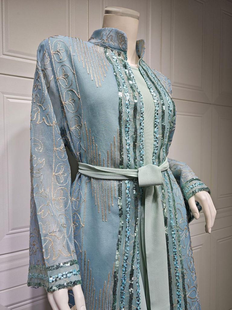 AB333 Elegant Middle Eastern Two-Piece Robe Set with Belt - Dubai Long Cardigan Dress