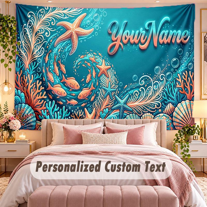Fish Ocean (158) Theme Wall Tapestry Customized With Name Text Personalized Hanging Tapestry For Bedroom Living Room Decor