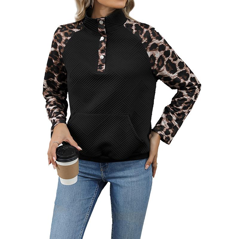 A New Autumn Casual and Individualized Street-style Semi-high Collar Cardigan with Leopard Print for Women