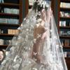 Mori Style White Butterfly Bridal Veil & Fishtail Wedding Dress with Pearl Headpiece