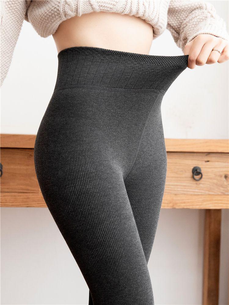 Winter Fleece Thickened Leggings Women's High Waist Slimming Vertical Striped Pantyhose Autumn and Winter Warm Wool Base Stockings