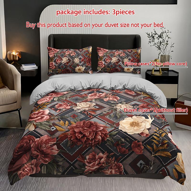 Conjunto de Capa de Edredom Boho Floral 3 Peças Roupa de Cama Geométrica Rosa Conjunto de Colcha Roupa de Cama com Tema Floral Vintage Luxo