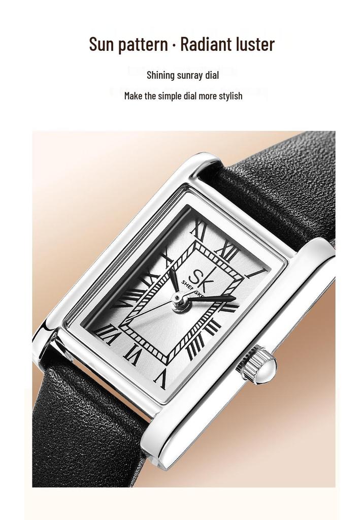 SK Women's Retro Quartz Watch with Genuine Leather Strap - Waterproof, Versatile, Small Square Dial