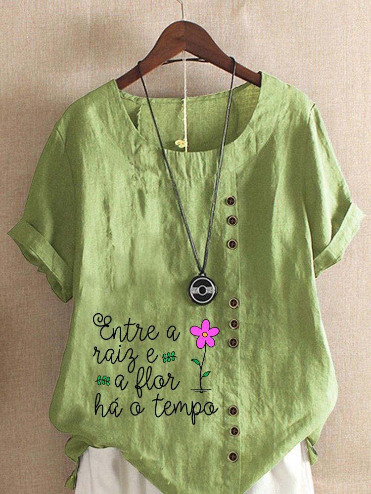 Women's Fashion Letter Print Casual Cotton Linen Short Sleeve Round Neck T-shirt Shirt Leisure Loose Summer Blouse Tops