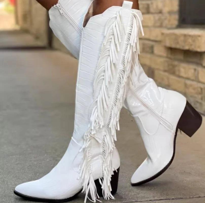 White Cowgirl Boots, White Alligator Pattern Fringed Boots, European and American Pointed Thick Heel Knight Boots, Large Size Fringed Boots, Women's