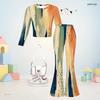 Girls Dark Blue Printed Round Neck Long Sleeve Crop Top Flared Pants Two Piece Set