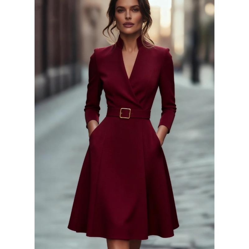 HNXC Moda feminina outono inverno cor sólida estampa manga comprida decote em v vestidos casuais