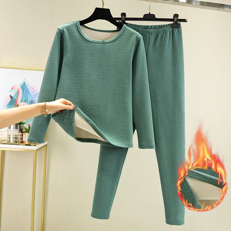 Thickened Fleece Warm Underwear Set for Women Long Sleeve round Neck Pure Cotton Inner Wear Two Piece Set for Autumn Winter