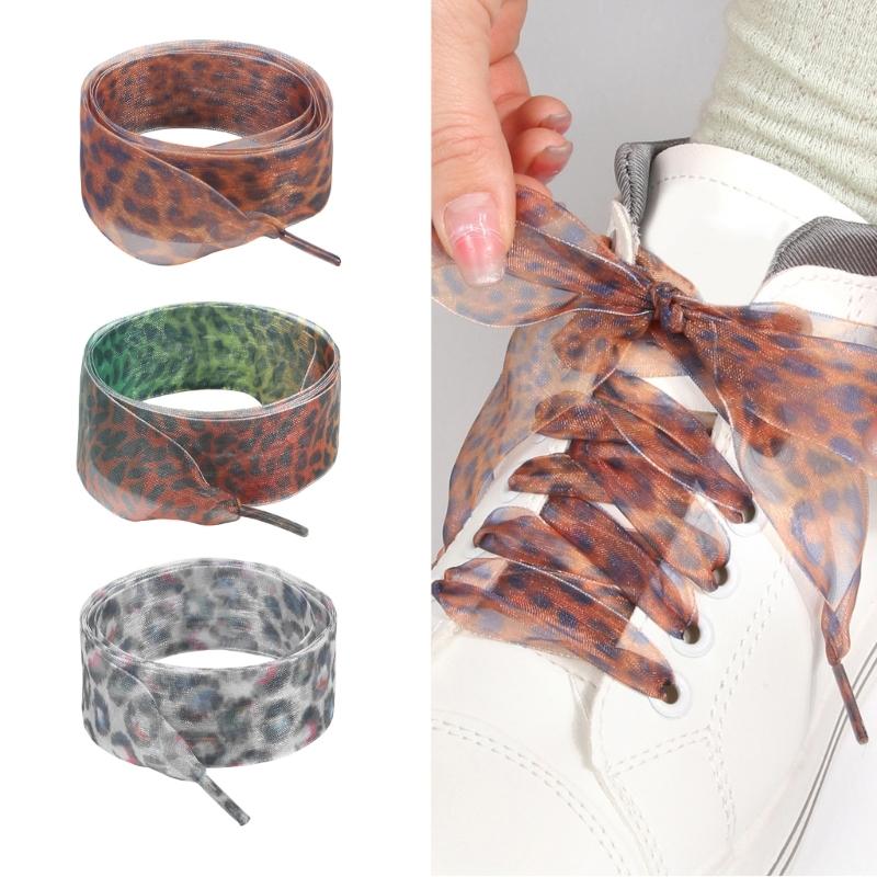 Leopard Print Sheer Shoe Laces 2.5cmX120cm Wide Flat Shoelaces Anti Slip Sneakers Shoe Lace Replacement For Men Women