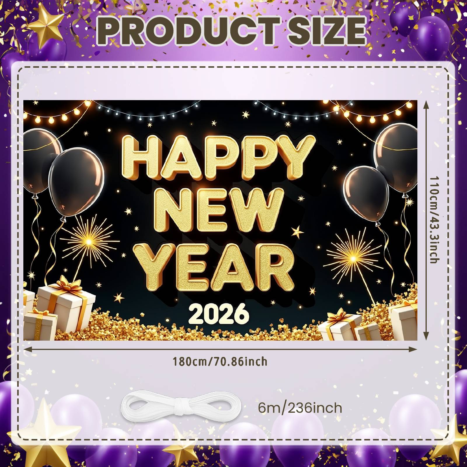 New Year Celebration Banner Gold Lettering Happy New Year Banner Yearly Backdrop 2026 Numerals Holiday Backdrop For Photo Shoot