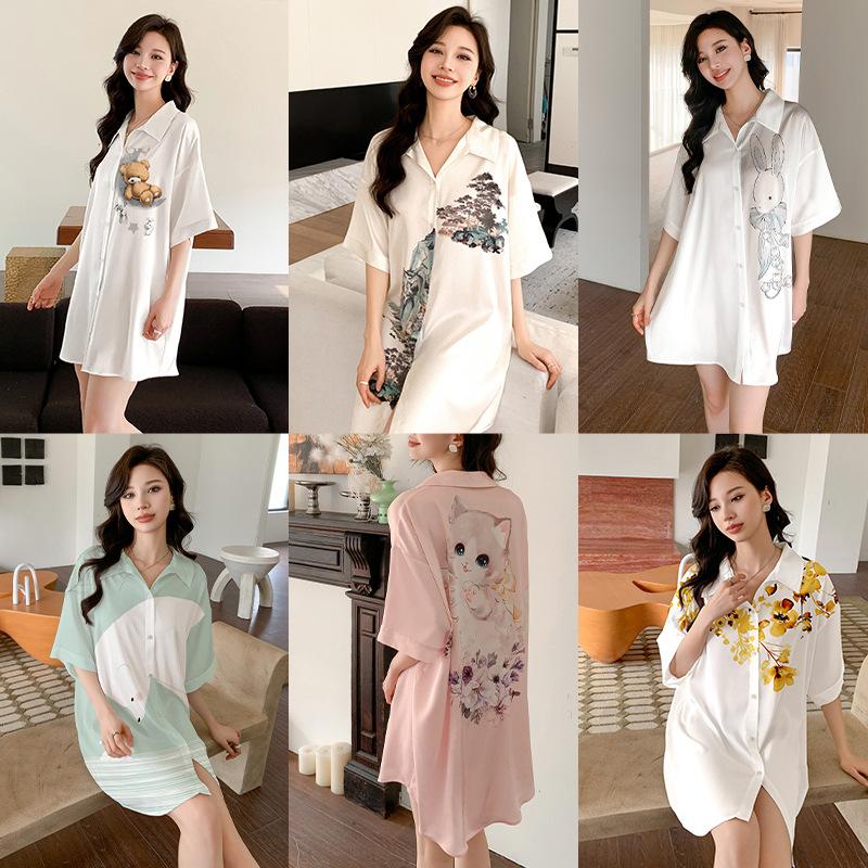 Ropa de Dormir Cómoda de Verano para Mujer Botones Delanteros Seda de Hielo Ropa para el Hogar Suelta Casual Estampada para Descansar
