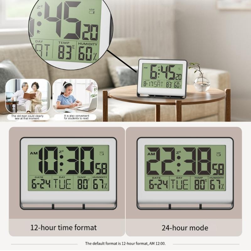 Wall Moutable Tabletop Digital Alarm Clock Large Screen LCD Temperature Hygrometer Display Backlight Battery Powered