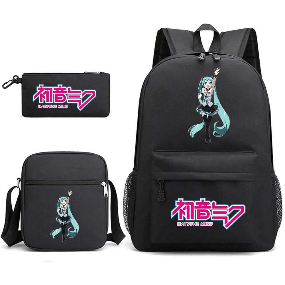 3Pcs/set Anime Cartoon Hatsune Miku Printed Backpack with Shoulder Bag Pencil Case for Teenager Student Boy Girl Large Capacity Waterproof Schoolbag