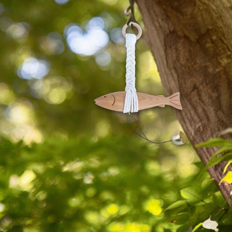 Car Ornament Wooden Fish Door Pendant Charm with Bells Wall Art Hangable Chimes Doorbell Decoration for Car Interior