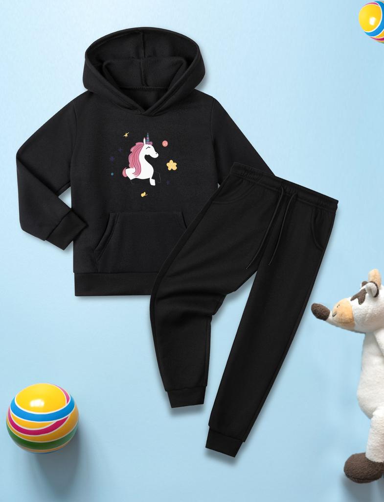 New Fashion Girls 2-piece Set Hooded Pullover Sweatshirt & Sweatpants Cartoon Unicorn Print Casual Fleece Lined Warm Sports Outfits For Autumn/ Winter